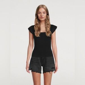 NATION LTD Alicia Black Smocked Ruffle Short Sleeve Square Neck Top Size S